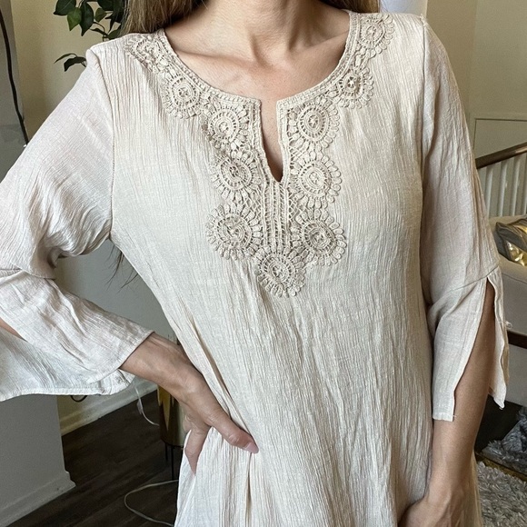 Women’s Tan Long Sleeves Round Neck Tunic Loose Fit Lined Dress Size L - Picture 3 of 13